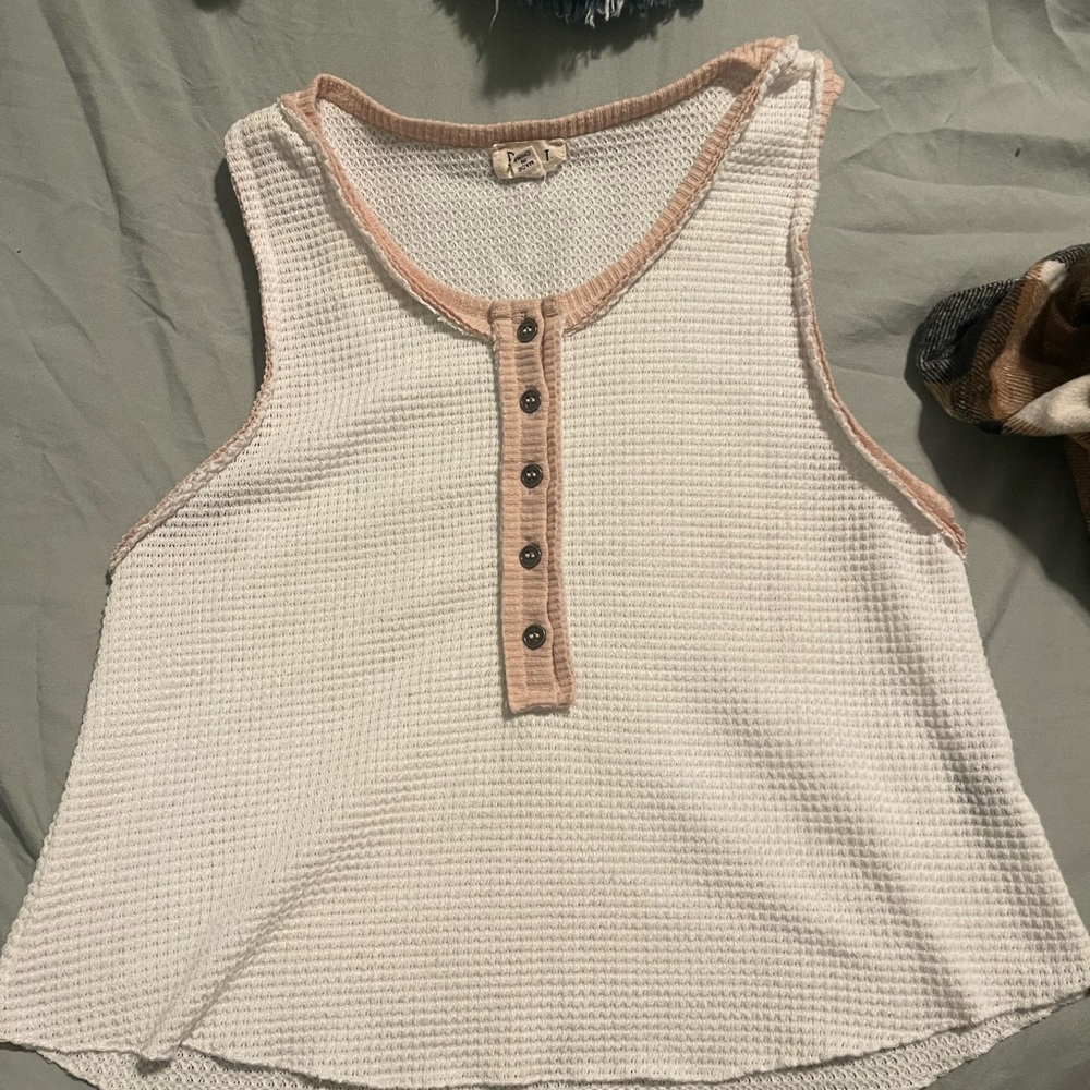 POL White and Tan Button-Up Tank Top
